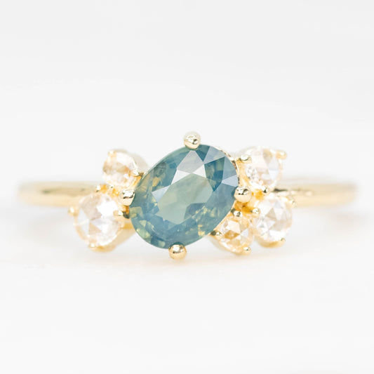 Lexus Ring with a 0.90 Carat Teal Oval Sapphire and Clear Diamond Accents in 10k Yellow Gold - Ready to Size and Ship - Midwinter Co. Alternative Bridal Rings and Modern Fine Jewelry