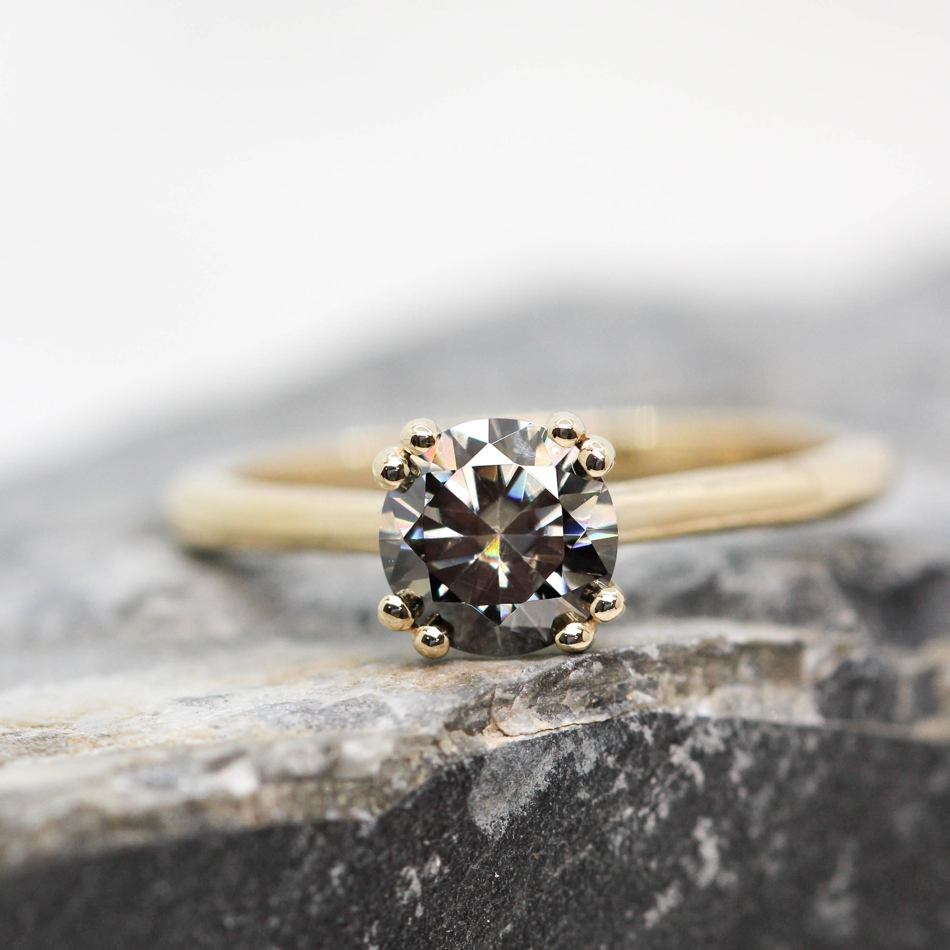 Nesta Ring with a Round Gray Moissanite - Made to Order, Choose Your Gold Tone - Midwinter Co. Alternative Bridal Rings and Modern Fine Jewelry