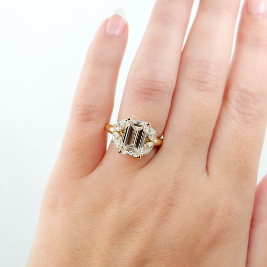 Marisol Ring with a 5.01 Carat Emerald Cut Lab Diamond and Marquise Accent Diamonds in 14k Yellow Gold - Ready to Size and Ship