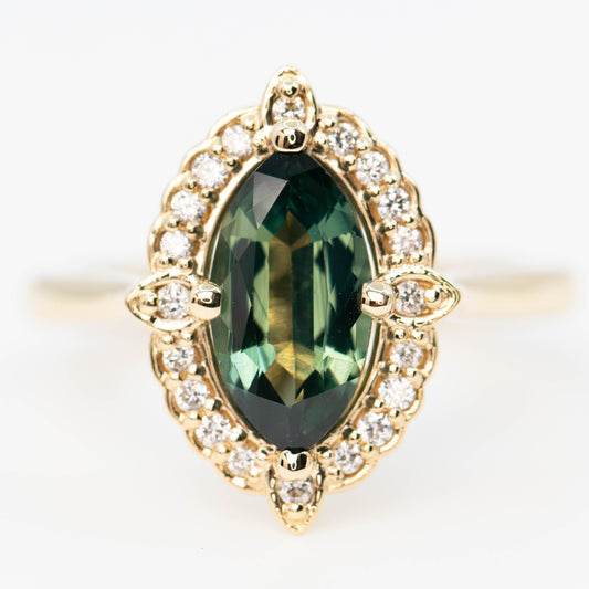 McKenzie Ring with a 1.66 Carat Teal Marquise Sapphire and White Accent Diamonds in 14k Yellow Gold - Ready to Size and Ship - Midwinter Co. Alternative Bridal Rings and Modern Fine Jewelry