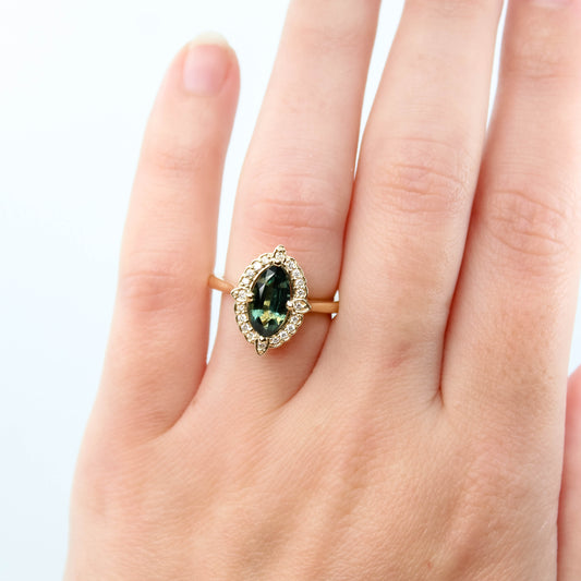 McKenzie Ring with a 1.66 Carat Teal Marquise Sapphire and White Accent Diamonds in 14k Yellow Gold - Ready to Size and Ship - Midwinter Co. Alternative Bridal Rings and Modern Fine Jewelry