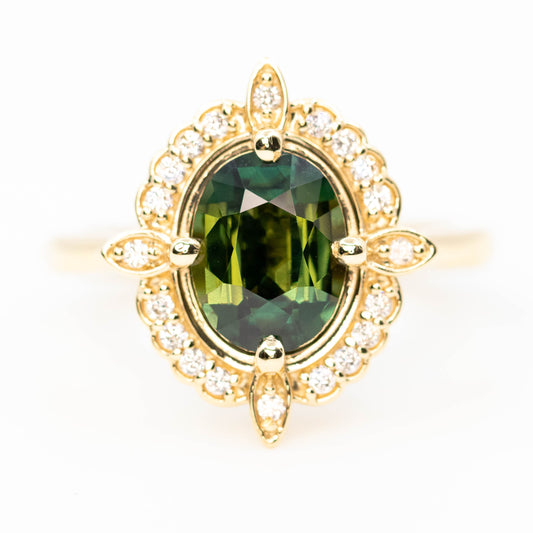 McKenzie Ring with a 2.18 Carat Green Oval Sapphire and White Accent Diamonds in 14k Yellow Gold - Ready to Size and Ship