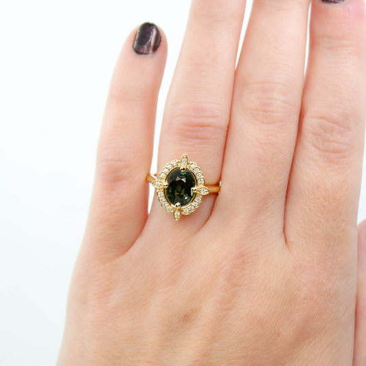 McKenzie Ring with a 2.18 Carat Green Oval Sapphire and White Accent Diamonds in 14k Yellow Gold - Ready to Size and Ship