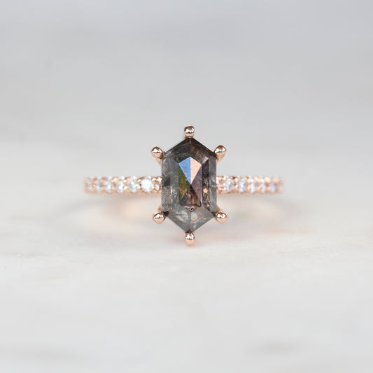 Project: Custom Willem Ring with a 2.5 Carat Semi-Translucent Black Hexagon Salt and Pepper Diamond with White Pave Diamonds in 14k - Midwinter Co. Alternative Bridal Rings and Modern Fine Jewelry