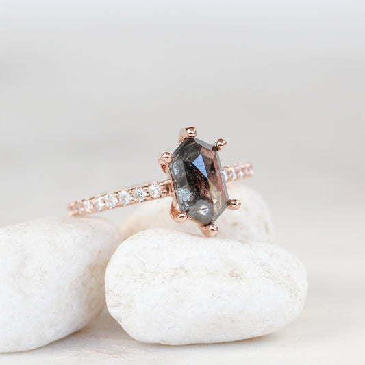 Project: Custom Willem Ring with a 2.5 Carat Semi-Translucent Black Hexagon Salt and Pepper Diamond with White Pave Diamonds in 14k - Midwinter Co. Alternative Bridal Rings and Modern Fine Jewelry