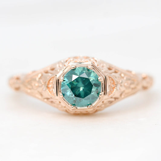 Nissa Ring with a 0.63 Carat Round Teal Diamond in 14k Rose Gold - Ready to Size and Ship - Midwinter Co. Alternative Bridal Rings and Modern Fine Jewelry