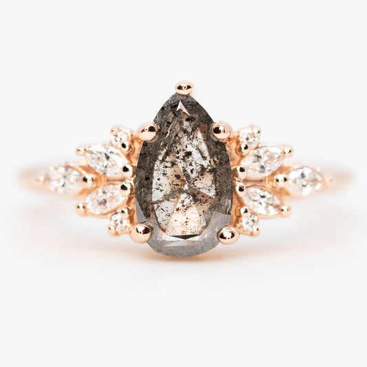 Odette Ring with a 1.05 Carat Pear Salt and Pepper Diamond and White Accent Diamonds in 14k Rose Gold - Ready to Size and Ship