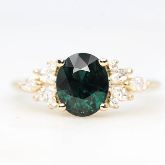 Odette Ring with a 1.29 Carat Teal Oval Sapphire and White Accent Diamonds in 14k Yellow Gold - Ready to Size and Ship