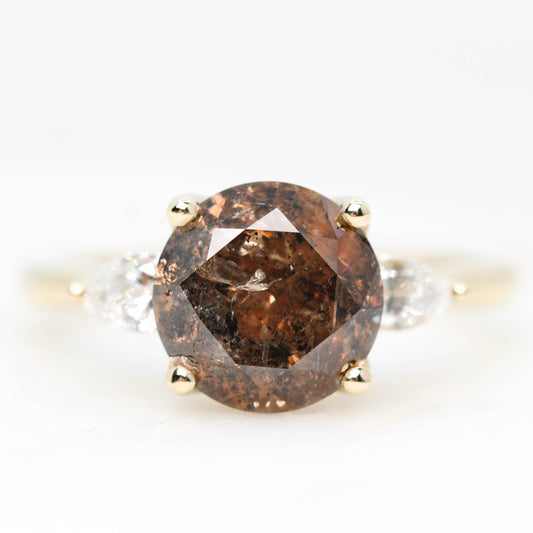 Oleander Ring with a 3.01 Carat Round Champagne Salt and Pepper Diamond and White Diamond Accents in 14k Yellow Gold - Ready to Size and Ship - Midwinter Co. Alternative Bridal Rings and Modern Fine Jewelry