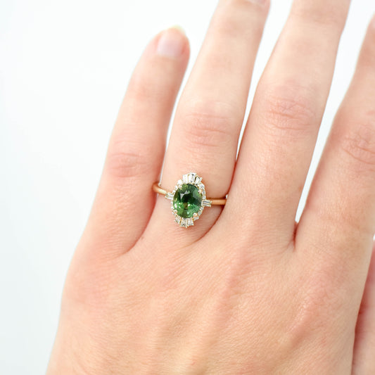 Ophelia Ring with a 2.06 Carat Green Australian Oval Sapphire and White Accent Diamonds in 14k Yellow Gold - Ready to Size and Ship - Midwinter Co. Alternative Bridal Rings and Modern Fine Jewelry