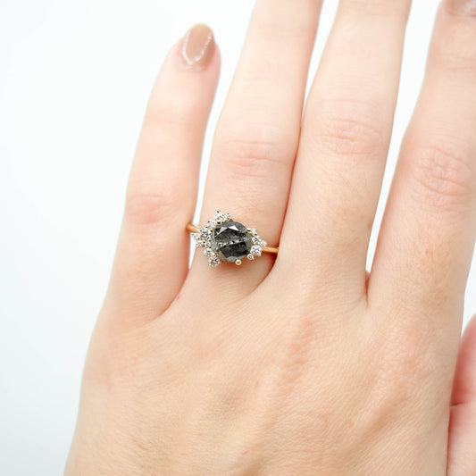 Orion Ring with a 1.72 Carat Dark Gray Salt and Pepper Round Diamond and White Accent Diamonds in 14k Yellow Gold - Ready to Size and Ship - Midwinter Co. Alternative Bridal Rings and Modern Fine Jewelry
