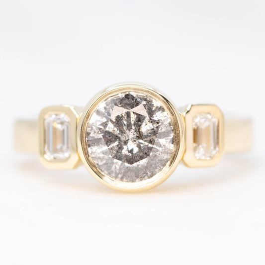 Ruta Ring with a 1.32 Carat Gray Salt and Pepper Natural Round Diamond and Lab Grown Emerald Cut Accent Diamonds in 14k Yellow Gold - Ready to Size and Ship - Midwinter Co. Alternative Bridal Rings and Modern Fine Jewelry
