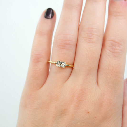 Ruthie Ring with a 0.75 Carat Radiant Cut White Sapphire in 10k Yellow Gold - Ready to Size and Ship