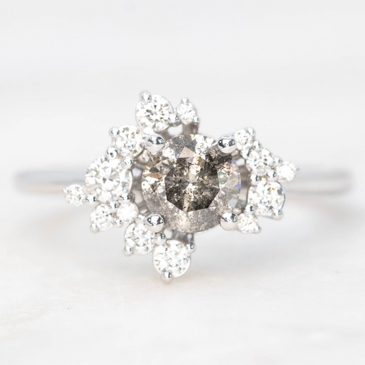 Orion Ring with a 0.81 Carat Round Charcoal Salt and Pepper Diamond and White Accent Diamonds in 14k White Gold - Ready to Size and Ship - Midwinter Co. Alternative Bridal Rings and Modern Fine Jewelry