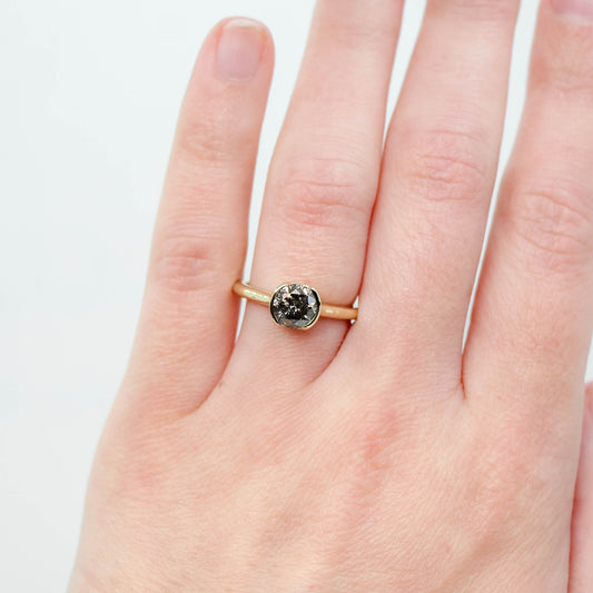 Verbena Ring with a 1.09 Carat Round Dark Salt and Pepper Diamond in 14k Yellow Gold - Ready to Size and Ship - Midwinter Co. Alternative Bridal Rings and Modern Fine Jewelry