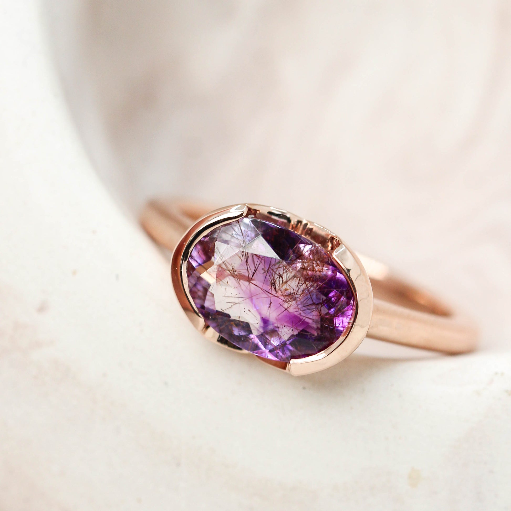 Verbena Ring with a 1.80 Carat Purple Melody Quartz in 14k Rose Gold - Ready to Size and Ship - Midwinter Co. Alternative Bridal Rings and Modern Fine Jewelry