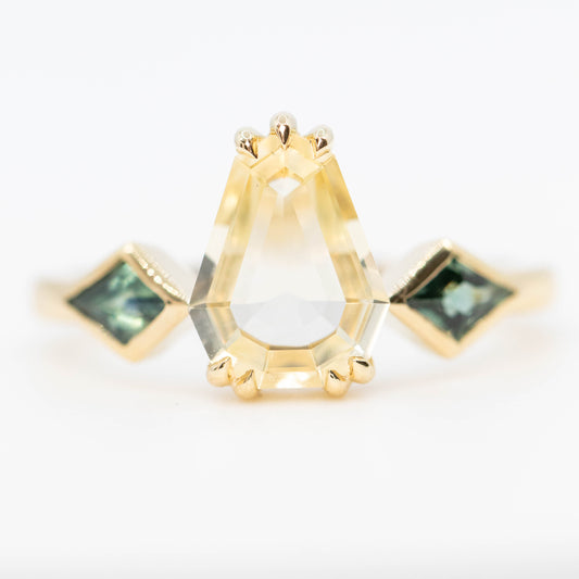 Vespera Ring with a 1.74 Carat Clear Yellow Geometric Pear Sapphire and Teal Sapphire Accents in 14k Yellow Gold - Ready to Size and Ship - Midwinter Co. Alternative Bridal Rings and Modern Fine Jewelry