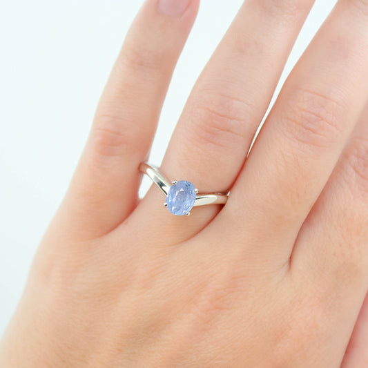 Hybrid Vivienne + Zahra Ring with a 1.55 Carat Icy Blue Oval Sapphire in 14k White Gold - Ready to Size and Ship
