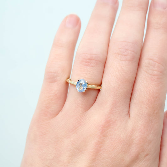 Vivienne Ring with a 1.25 Carat Light Blue Oval Ceylon Sapphire in 14k Yellow Gold - Ready to Size and Ship - Midwinter Co. Alternative Bridal Rings and Modern Fine Jewelry