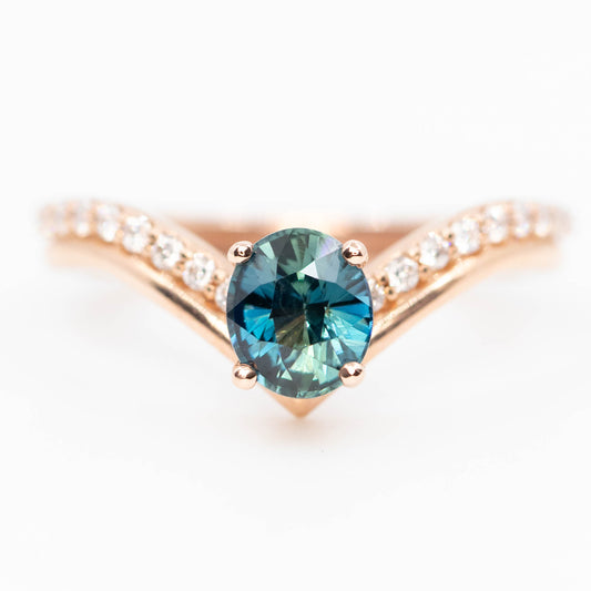 Zahra Ring with a 1.09 Carat Teal Blue Oval Sapphire and White Accent Diamonds in 14k Rose Gold - Ready to Size and Ship
