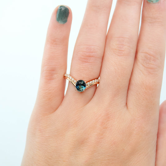 Zahra Ring with a 1.09 Carat Teal Blue Oval Sapphire and White Accent Diamonds in 14k Rose Gold - Ready to Size and Ship