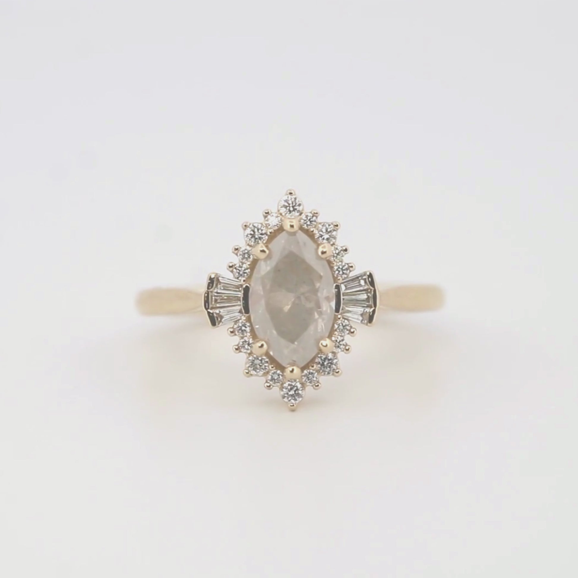 Meghan Ring with a 1.40 Carat Misty Gray Marquise Salt and Pepper Diamond and White Accent Diamonds in 14k Yellow Gold - Ready to Size and Ship