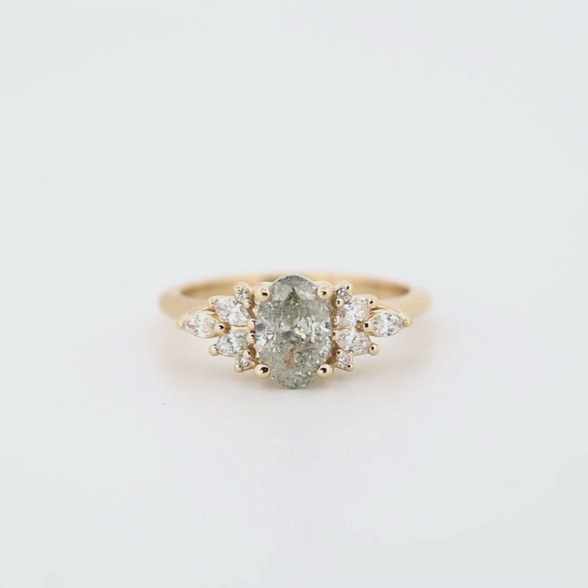 Odette Ring with a 1.05 Carat Oval Gray Salt and Pepper Diamond and White Accent Diamonds in 14k Yellow Gold - Ready to Size and Ship