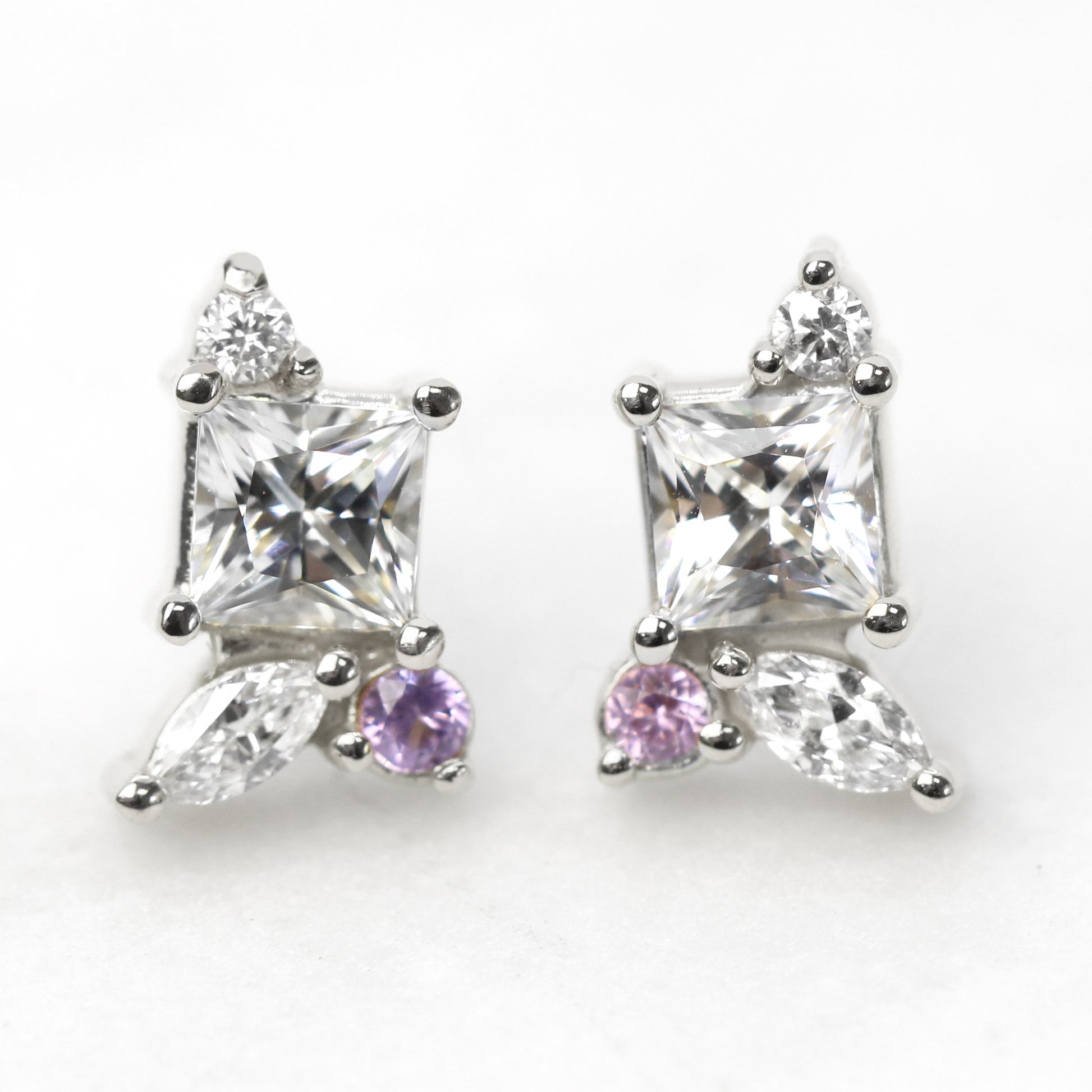 CAELEN (M) Princess Cut White Sapphire Cluster Earrings with Diamond & Pink Sapphire Accents - Made to Order, Your Choice of 14k Gold - Midwinter Co. Alternative Bridal Rings and Modern Fine Jewelry