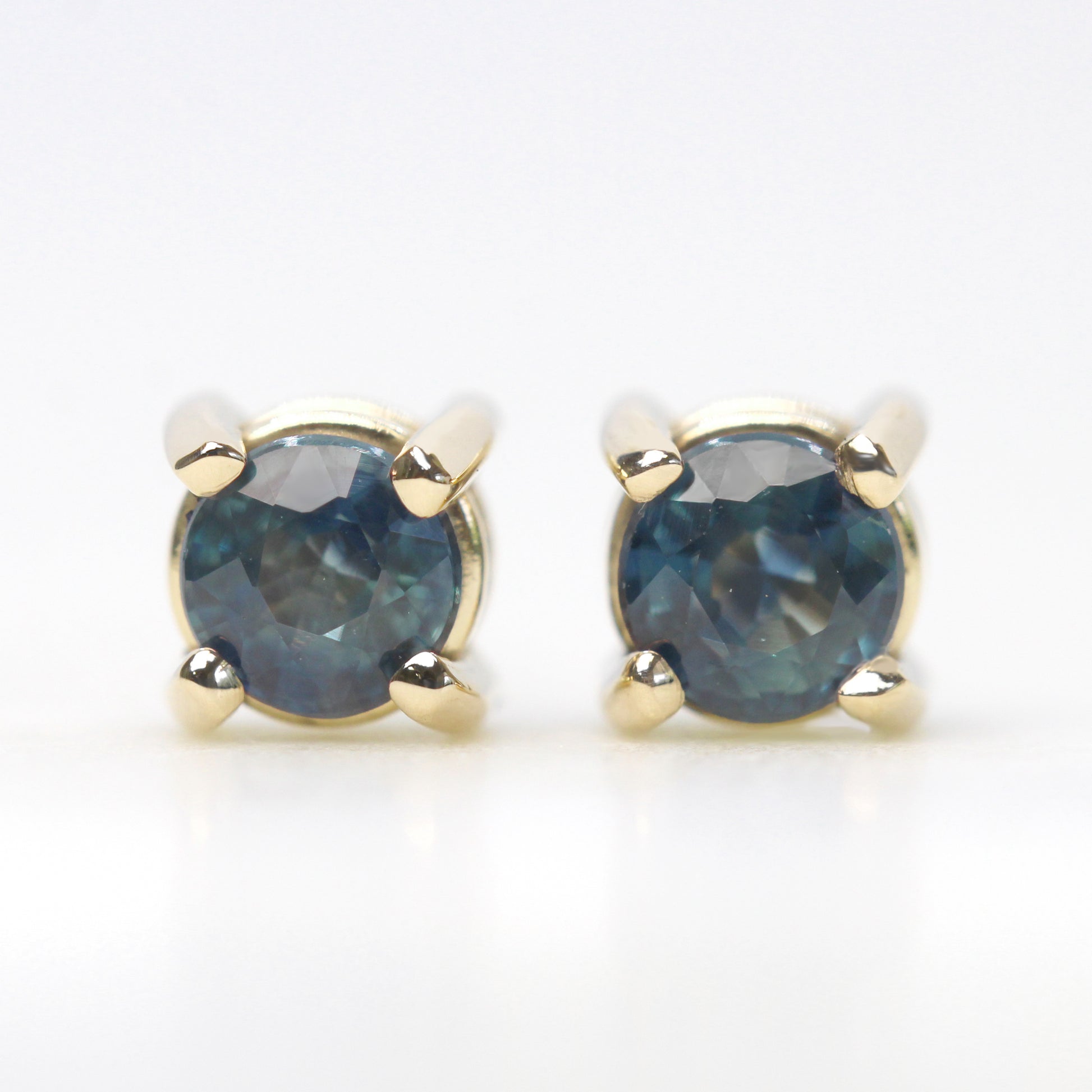 4.5mm 14k Gold Earring Studs with Blue Green Sapphires - Made to Order - Midwinter Co. Alternative Bridal Rings and Modern Fine Jewelry
