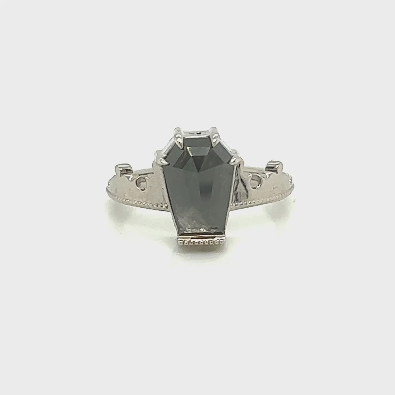 Azrael Ring with a 1.74 Carat Black Coffin Cut Salt and Pepper Diamond in 14k White Gold - Ready to Size and Ship