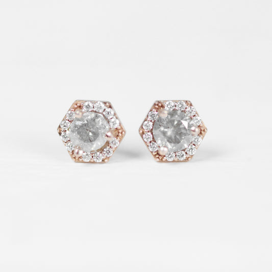 .35 Carat Hexagon Halo Earrings Stud Pair with Light Gray Celestial Diamonds in 14k gold- Ready to Ship - Midwinter Co. Alternative Bridal Rings and Modern Fine Jewelry