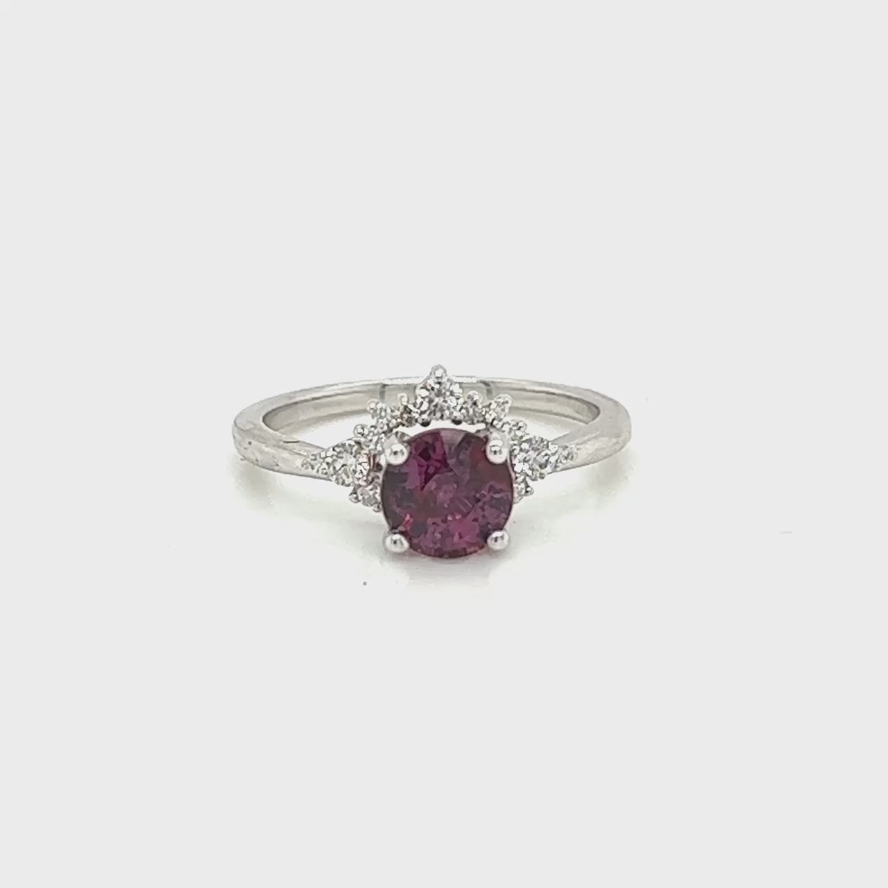 Athena Ring with a 1.72 Carat Round Purple Pink Sapphire and White Accent Diamonds in 14k White Gold - Ready to Size and Ship