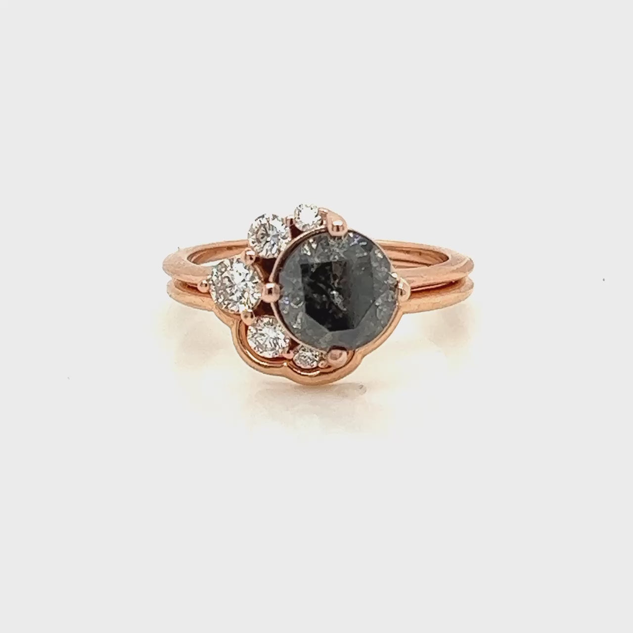 Carell Ring + Band with a 1.98 Carat Round Black Salt and Pepper Diamond and White Accent Diamonds in 14k Rose Gold - Ready to Size and Ship