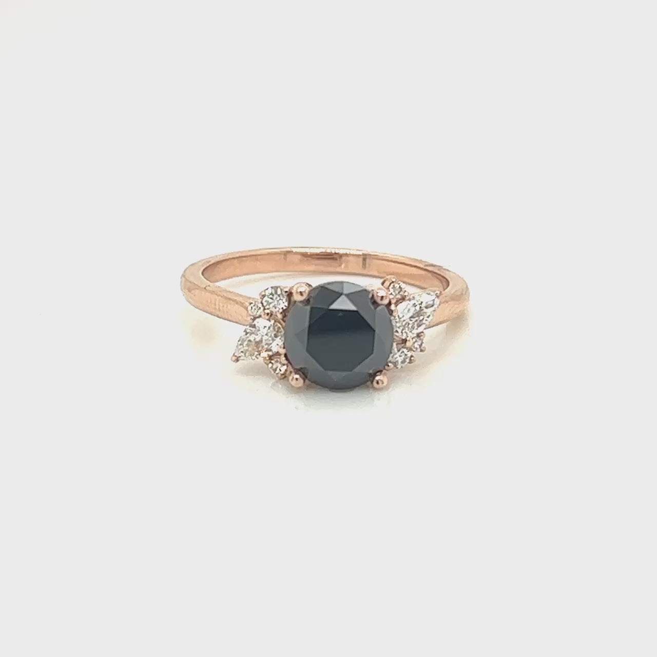 Sable Ring with a 2.20 Carat Round Black Salt and Pepper Diamond and White Accent Diamonds in 14k Rose Gold - Ready to Size and Ship