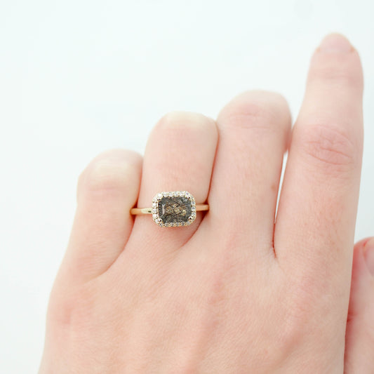 Kait - Emerald Cut Tourmalinated Quartz in a Diamond Halo - Pick your diamonds and metal - Midwinter Co. Alternative Bridal Rings and Modern Fine Jewelry