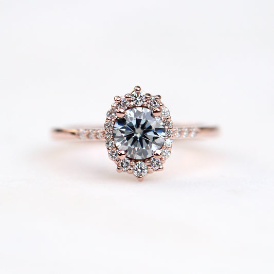 Grace Ring with a 0.75 Carat Gray Moissanite Surrounded by White Diamond Accents in 14k Rose Gold - Ready to Size and Ship - Midwinter Co. Alternative Bridal Rings and Modern Fine Jewelry