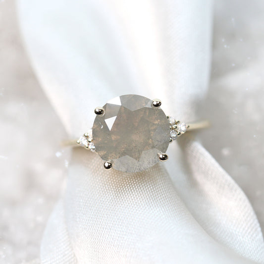 Imogene Ring with a 4.01 Carat Round Gray Sunset Diamond and White Accent Diamonds in 14k Yellow Gold - Ready to Size and Ship - Midwinter Co. Alternative Bridal Rings and Modern Fine Jewelry
