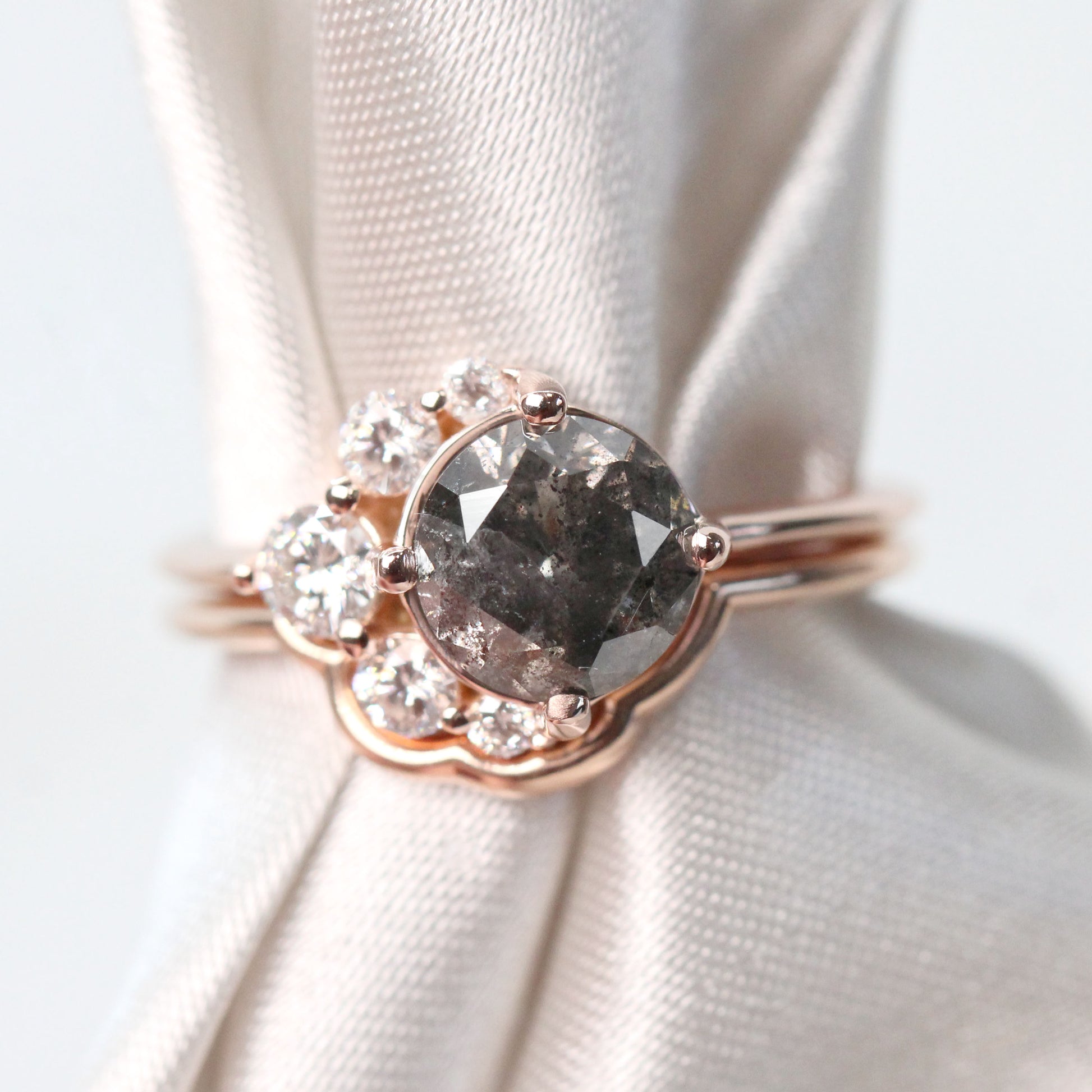 Carell Ring + Band with a 1.98 Carat Black Round Celestial Diamond and White Accent Diamonds in 14k Rose Gold - Ready to Size and Ship - Midwinter Co. Alternative Bridal Rings and Modern Fine Jewelry