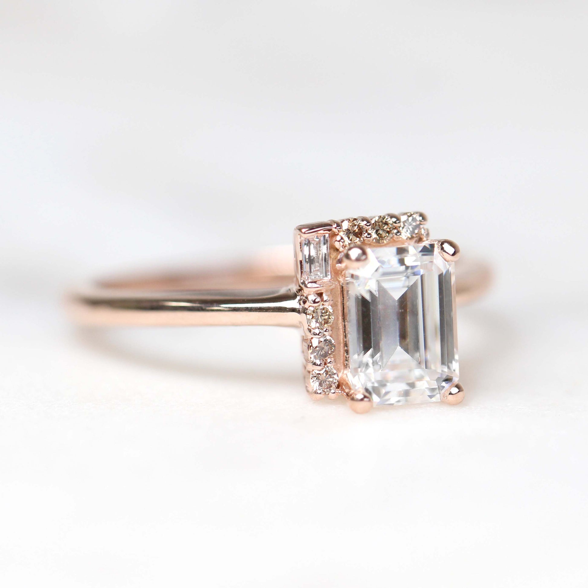 Celine Ring with a 0.92 Carat Emerald Cut Moissanite and Cognac Accent Diamonds in 14k Rose Gold - Ready to Size and Ship - Midwinter Co. Alternative Bridal Rings and Modern Fine Jewelry
