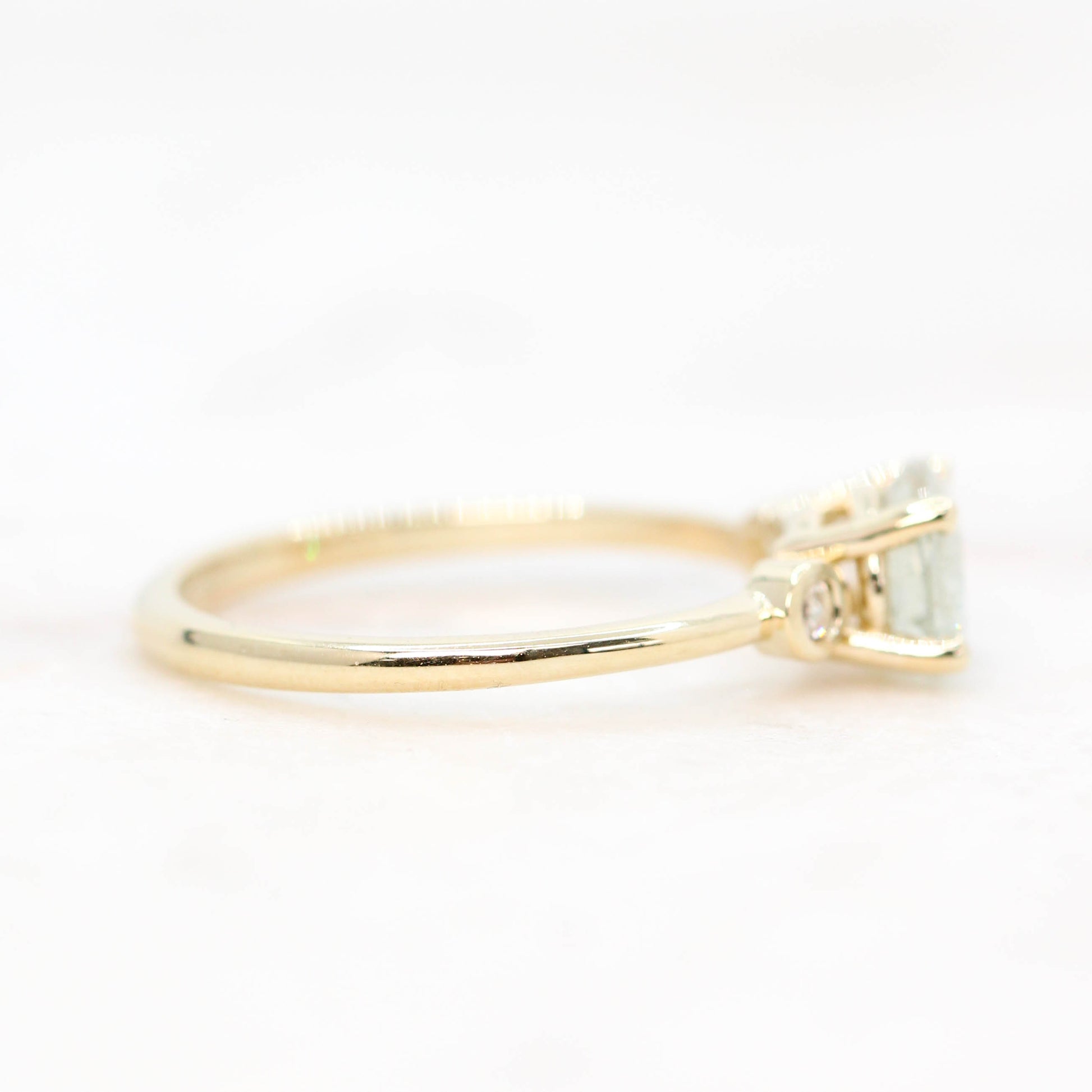 CAELEN (J) Logan Ring with a 1.35 Carat Clear Gray Sapphire and Clear White Rose Cut Accent Diamonds in 14k Yellow Gold - Ready to Size and Ship - Midwinter Co. Alternative Bridal Rings and Modern Fine Jewelry