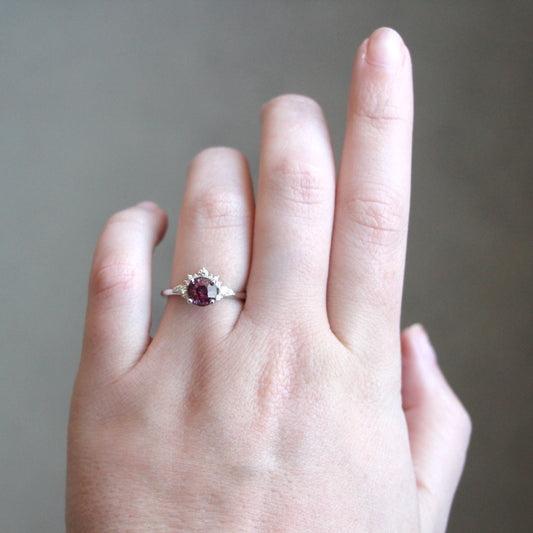 Athena Ring with a 1.72 Carat Round Purple Pink Sapphire and White Accent Diamonds in 14k White Gold - Ready to Size and Ship - Midwinter Co. Alternative Bridal Rings and Modern Fine Jewelry