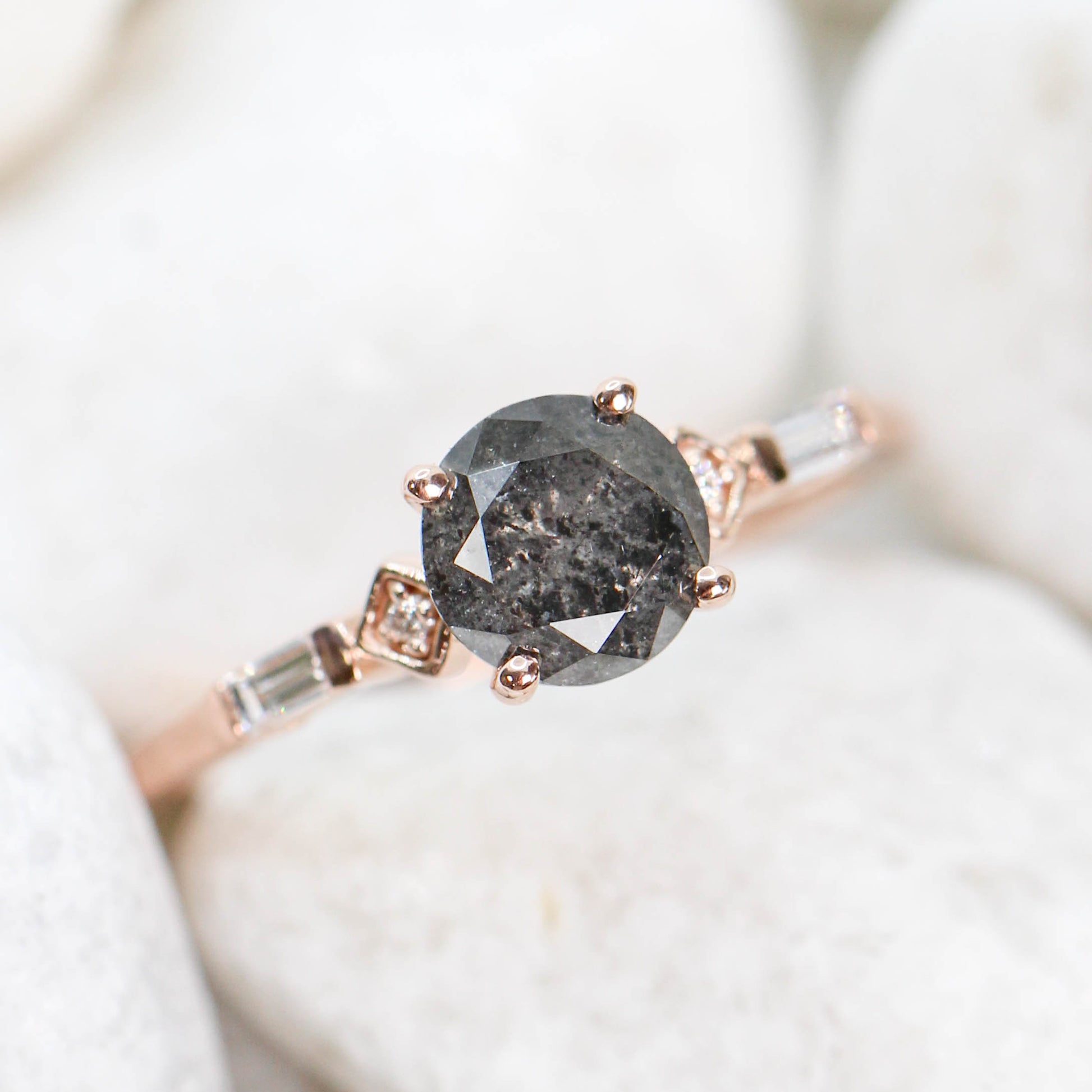 Esther Ring with a 1.40 Carat Round Black Celestial Diamond and White Accent Diamonds in 14k Rose Gold - Ready to Size and Ship - Midwinter Co. Alternative Bridal Rings and Modern Fine Jewelry