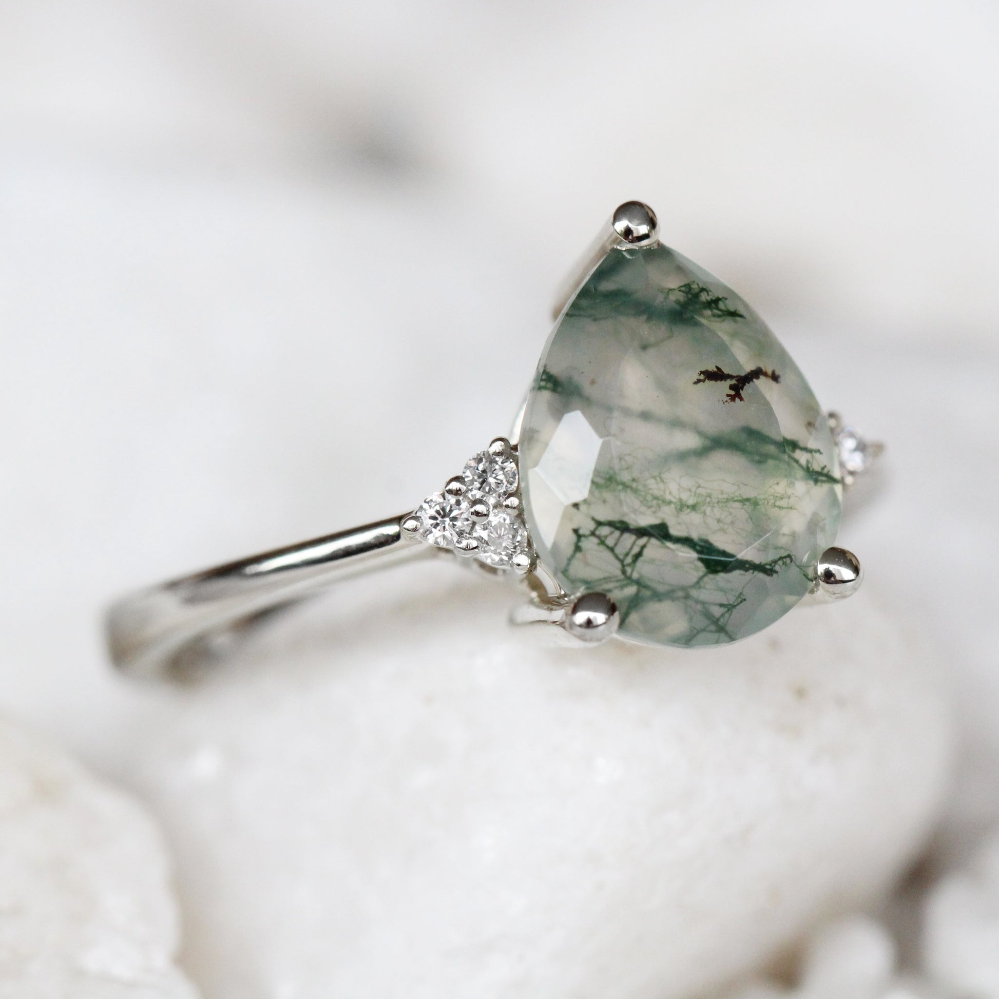 Imogene Ring with a Pear Moss Agate and White Accent Diamonds - Made to Order - Each Stone is Unique - Midwinter Co. Alternative Bridal Rings and Modern Fine Jewelry