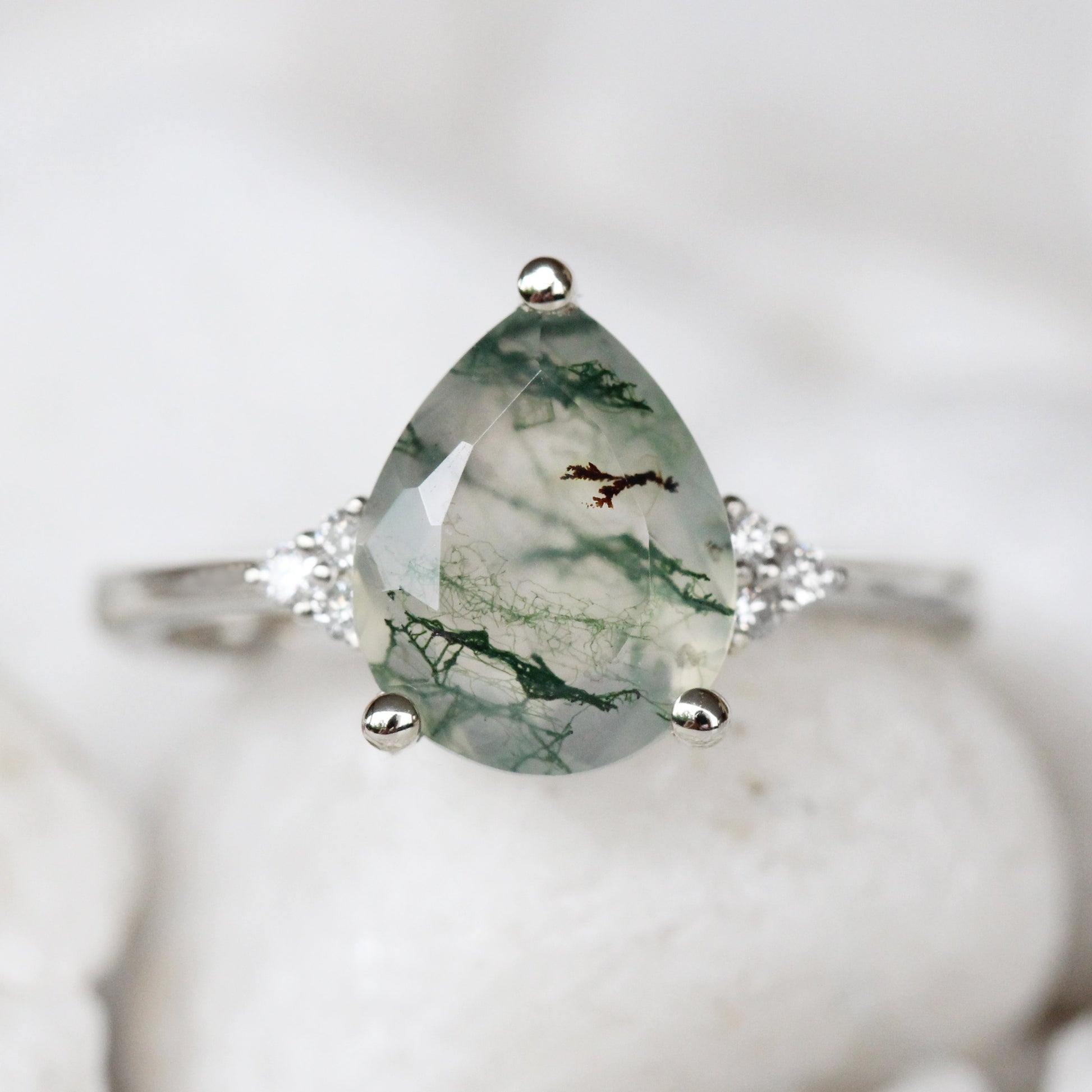 Imogene Ring with a Pear Moss Agate and White Accent Diamonds - Made to Order - Each Stone is Unique - Midwinter Co. Alternative Bridal Rings and Modern Fine Jewelry
