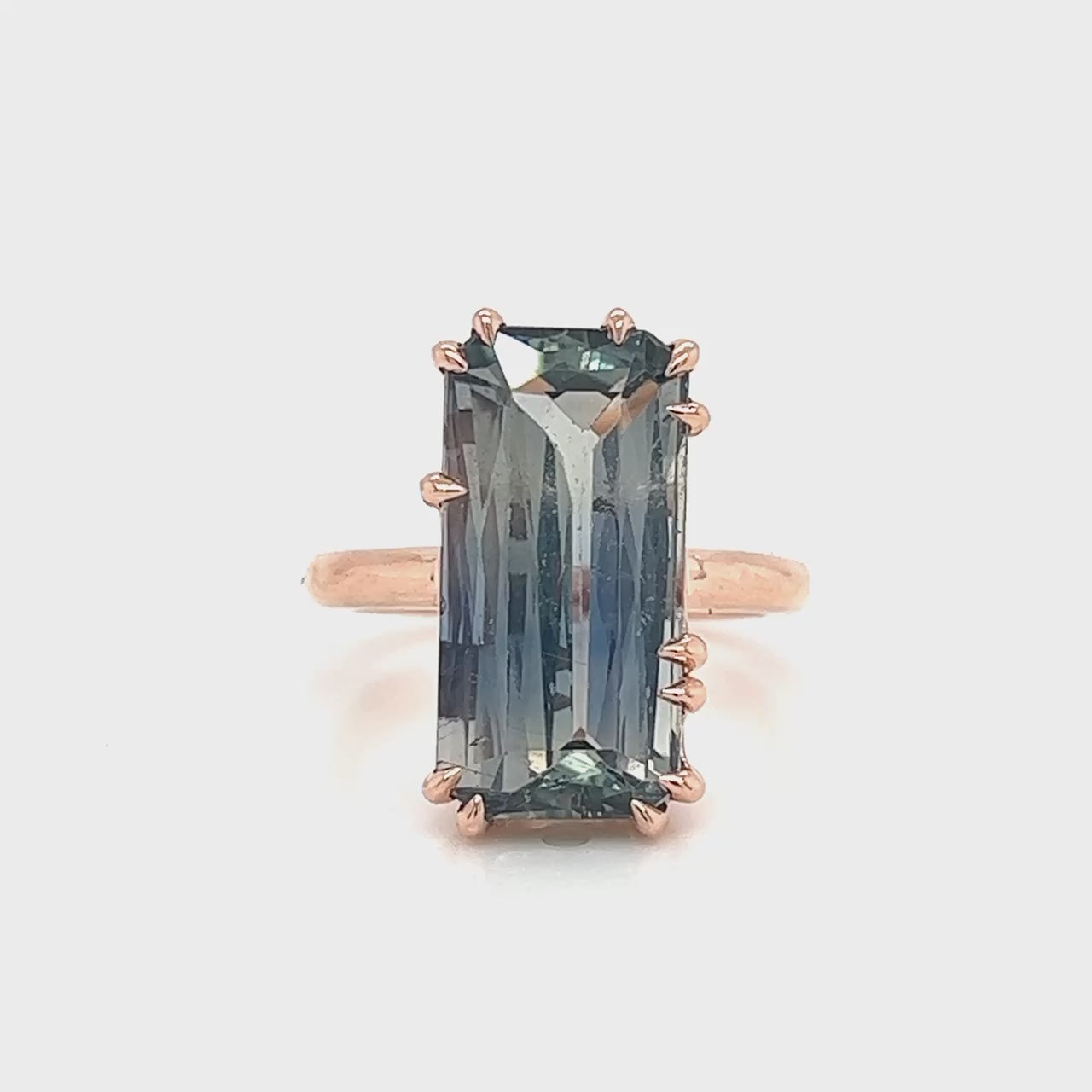 Elena Ring with a 10.75 Carat Emerald Cut Green Blue Bicolor Sapphire in 14k Rose Gold - Ready to Size and Ship