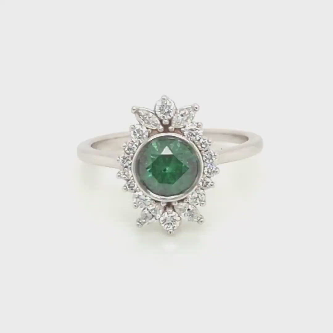 Juliette Ring with a 0.83 Carat Green Diamond and White Accent Diamonds in 14k White Gold - Ready to Size and Ship