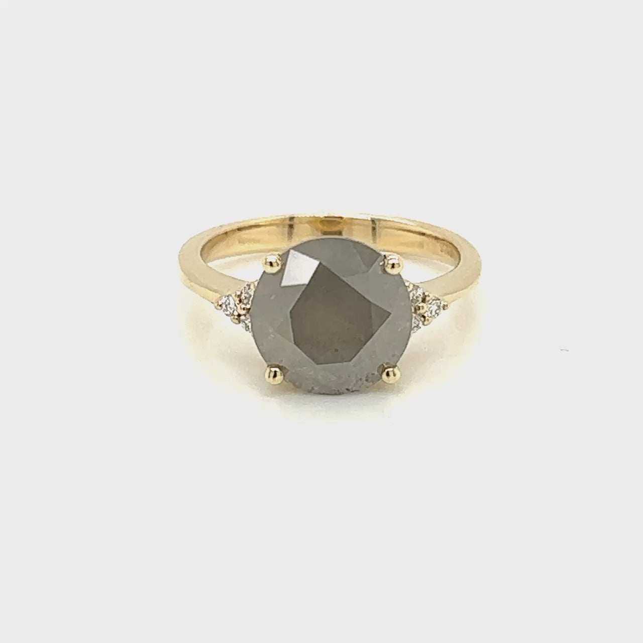 Sunset Imogene Ring with a 4.01 Carat Round Gray Salt and Pepper Diamond and White Accent Diamonds in 14k Yellow Gold - Ready to Size and Ship