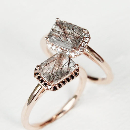 Kait - Emerald Cut Tourmalinated Quartz in a Diamond Halo - Pick your diamonds and metal - Midwinter Co. Alternative Bridal Rings and Modern Fine Jewelry