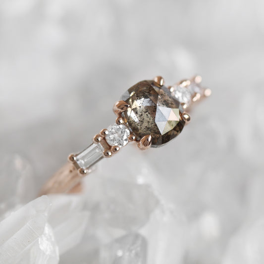 Project: Custom River Ring with a 1 Carat Salt and Pepper Cushion Cut Gray Diamond and White Accent Diamonds in 14k - Midwinter Co. Alternative Bridal Rings and Modern Fine Jewelry