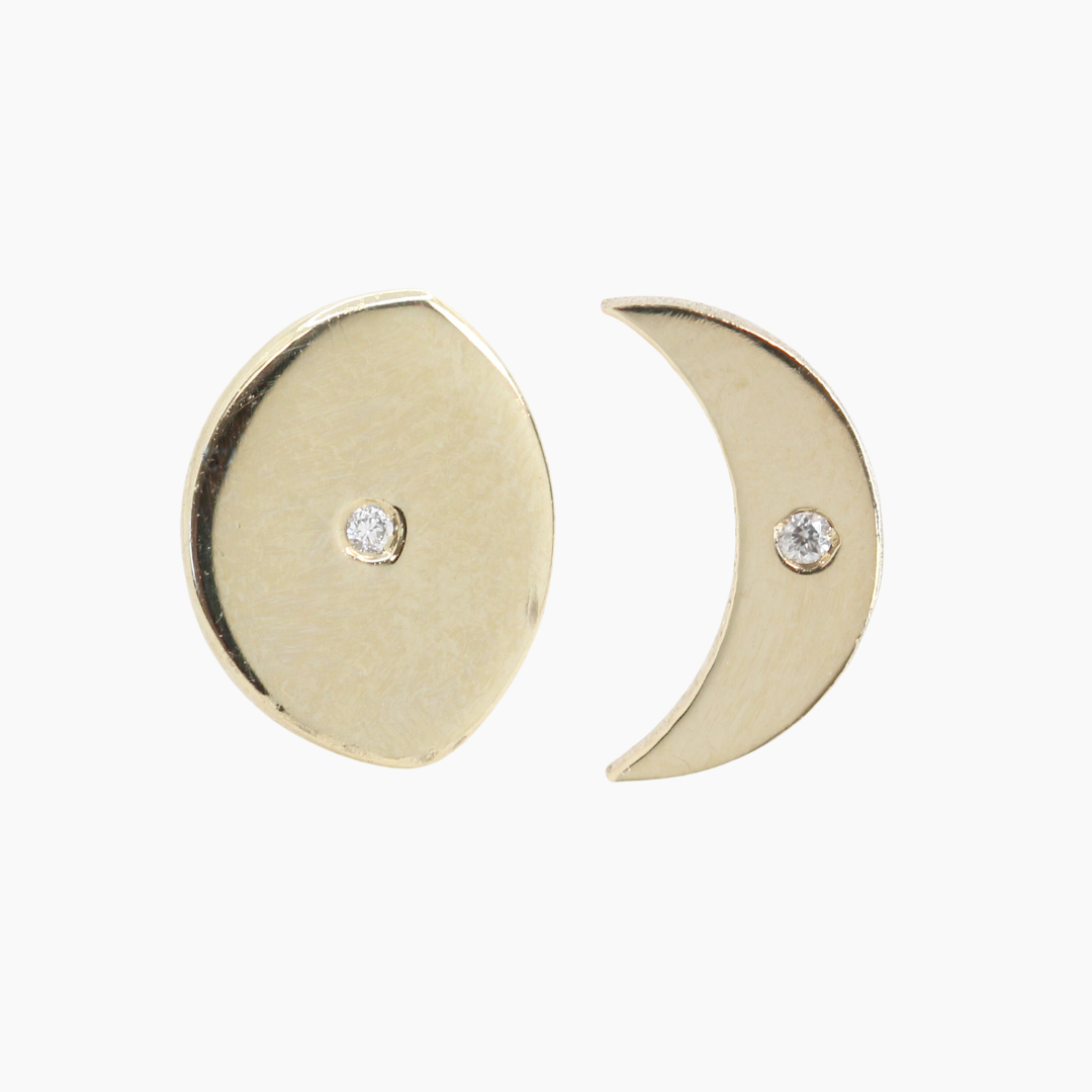 CAELEN (M) Mix & Match Moonphase Stud Earrings with Diamond Accent - Choose your Gold Tone, Made to Order - Midwinter Co. Alternative Bridal Rings and Modern Fine Jewelry